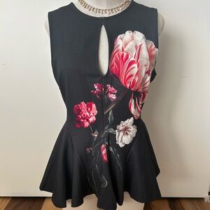 Black Floral Sleeveless Peplum Top by Anthropologie
